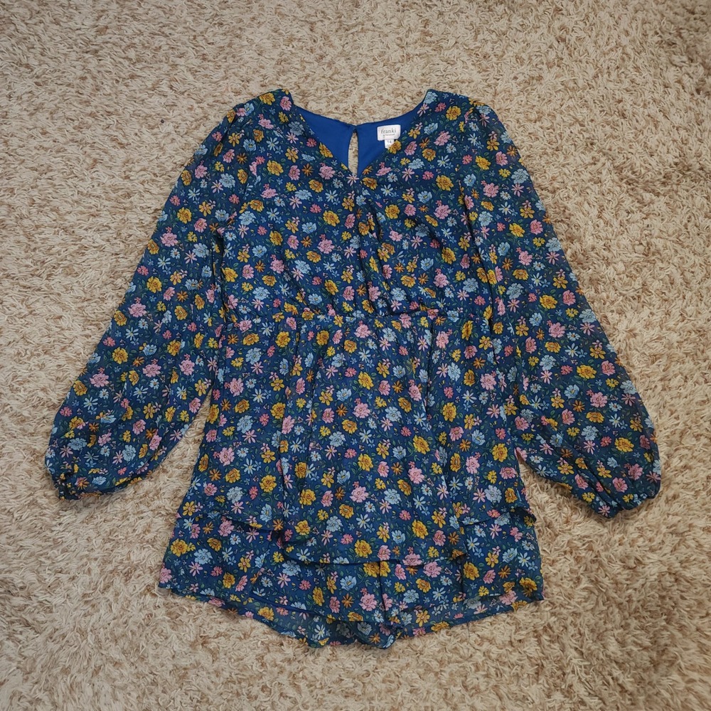 Franki Romper Kids 14 Blue Floral Long Sleeve Tiered Ruffle V-Neck‎ Romper